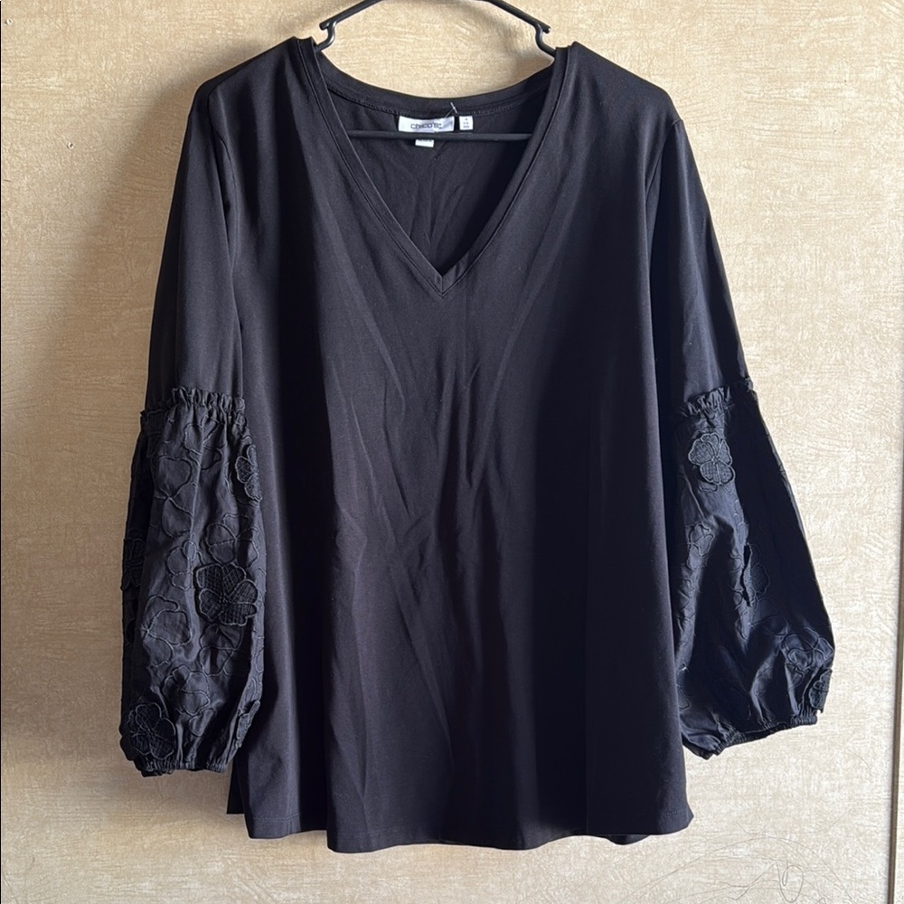Chico’s  Black V-Neck Top with Floral Sleeves